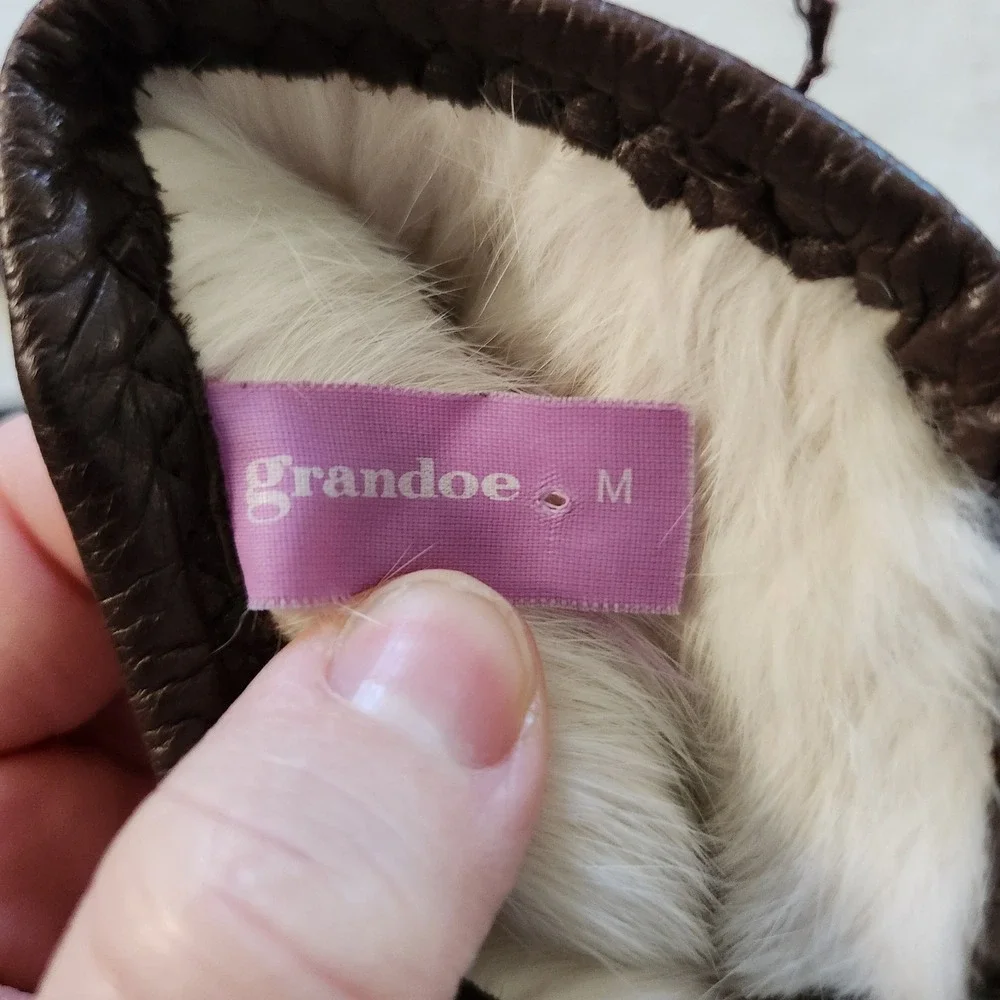 Grandoe Womens Brown Leather Fur Lined Winter Gloves Size Medium M Zigzag Stitch